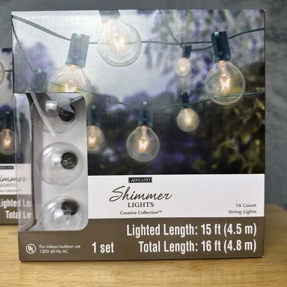 Ashland Lights 16ct G40‎ Bulb String Shimmer Round Clear New In Box Set Of 2